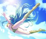  armpits bikini blue_eyes boots cloud falling green_hair horns knee_boots long_hair long_legs looking_back lum midair navel oni outstretched_arms outstretched_hand pointy_ears rezi sky solo strapless sun swimsuit tiger_print urusei_yatsura 