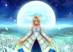  archetype_earth arcueid_brunestud bare_shoulders bible_(pixiv) blonde_hair breasts cleavage detached_sleeves dress flower_field full_moon long_hair melty_blood moon parted_lips red_eyes solo strapless_dress tsukihime type-moon very_long_hair 