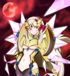  1girl armor bangs blonde_hair breastplate breasts fine_(symphogear) forehead_jewel headgear highres hime_cut long_hair moon navel pantyhose parted_bangs pauldrons red_background red_moon senki_zesshou_symphogear shoulder_spikes sidelocks solo spikes tagme under_boob vambraces very_long_hair whip yellow_eyes 