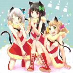 animal_ears black_hair blush_stickers boots bow brown_hair cat_ears cat_tail double_bun dress fur_trim green_eyes hair_bow hands_together kneeling long_hair multiple_girls open_mouth original red_eyes short_hair sitting smile strap_slip tail tanaka_(colorcorn) tongue v white_hair wink 