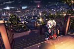  black_legwear blonde_hair blue_eyes blush boots breath city cityscape heart highres lamppost long_sleeves looking_back morerin night night_sky original overalls pantyhose plaid scarf scenery shadow sitting sky solo stairs tree twintails valentine 