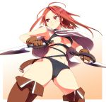  ahoge armpits bikini black_bikini boots braid breasts brown_gloves capelet dual_wielding gloves highres knife long_hair navel original red_eyes red_hair redhead revealing_clothes reverse_grip solo swimsuit thigh-highs thigh_boots thighhighs umakatsuhai under_boob underboob 