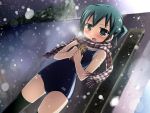  blush green_eyes green_hair hidamari_sketch highres kneehighs nagayama_yuunon nori one-piece_swimsuit scarf school_swimsuit short_hair snow swimsuit tears thighhighs twintails 