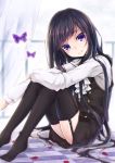  black_hair black_legwear butterfly buttons checkered checkered_floor cravat curtains dress garter_straps hime_cut inu_x_boku_ss long_hair long_sleeves looking_at_viewer petals purple_eyes ruki_(rokiru) shirakiin_ririchiyo sitting skirt smile solo thigh-highs thighhighs violet_eyes 