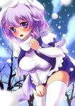  apron blush erect_nipples hat lavender_hair letty_whiterock open_clothes open_mouth open_shirt purple_eyes scarf short_hair skirt snow snowing solo thigh-highs thighhighs touhou tree violet_eyes white_legwear yrzirst 