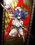  blue_hair breasts cleavage cross gloves hair_over_one_eye hat large_breasts mask nurse nurse_cap polearm red_eyes revision saw skullgirls solo spear valentine_(skullgirls) weapon yukataro 