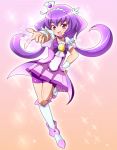  1girl :d bike_shorts boots choker crossover dress hand_on_hip happy highres hips km_(artist) long_hair open_mouth parody pink_eyes pointing precure purple purple_background purple_bike_shorts purple_dress purple_hair shorts_under_skirt smile smile_precure! solo standing_on_one_leg tiara touhou twintails wrist_cuffs yasaka_kanako 