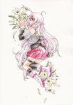  ahoge blue_eyes boots flower from_behind ia_(vocaloid) lilies lily_(flower) long_hair looking_back off_shoulder pink_hair skirt solo thi76ki traditional_media very_long_hair vocaloid 