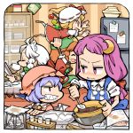  apron bat_wings blonde_hair blue_hair bow bowl chibi chocolate closed_eyes crescent cup eyes_closed flandre_scarlet hair_bow hat heart hong_meiling hounori izayoi_sakuya long_hair maid_headdress multiple_girls no_hat no_headwear open_mouth patchouli_knowledge purple_hair red_eyes red_hair redhead refrigerator remilia_scarlet side_ponytail sleeves_rolled_up test_tube the_embodiment_of_scarlet_devil touhou white_hair wings 