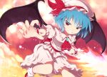  ascot bat_wings blue_hair bow brooch fangs fingernails grin hat hat_ribbon highres jewelry long_fingernails naughty_face outstretched_arms red_eyes remilia_scarlet ribbon sash shirt short_hair skirt skirt_set slit_pupils smile solo spear_the_gungnir touhou vampire wings wrist_cuffs wrist_ribbon xjr1250 