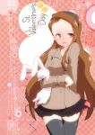  black_legwear blush brown_hair hairband highres idolmaster long_hair minase_iori nagarakawa_shiraku open_mouth red_eyes skirt solo stuffed_animal stuffed_bunny stuffed_toy thigh-highs thighhighs very_long_hair 