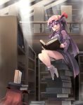  2girls bat_wings bespectacled book bookshelf bow crescent glasses hair_bow hat head_wings koakuma long_hair looking_at_viewer multiple_girls patchouli_knowledge purple_hair redhead shin_(new) socks touhou violet_eyes white_legwear wings 