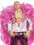  arisue_kanako blonde_hair donquixote_doflamingo feather_boa hands_on_hips male muscle one_piece pants short_hair smile solo standing sunglasses 