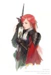  armor cape chair earrings gauntlets jewelry libert long_hair original parted_lips pauldrons pendant red_hair redhead simple_background solo sword weapon 