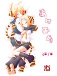  1girl 2010 animal_ears blonde_hair brother_and_sister closed_eyes eyes_closed highres hug kagamine_len kagamine_rin kemonomimi_mode meiya_neon paws short_hair siblings smile tail tiger_ears tiger_tail twins vocaloid 