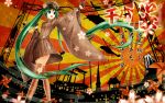  crazypen egasumi gloves green_eyes green_hair hat hatsune_miku helicopter long_hair medal open_mouth outstretched_arm peaked_cap pinwheel pointing senbon-zakura_(vocaloid) silhouette skirt solo sunburst thighhighs torii twintails very_long_hair vocaloid walking 