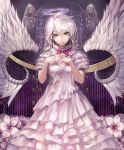  angel angel_wings dress earrings flower frown green_eyes halo hands_clasped hands_together interlocked_fingers jewelry jname nail_polish original ribbon silver_hair single_earring sky slit_pupils solo star_(sky) starry_sky statue veins white_hair wings yellow_eyes 