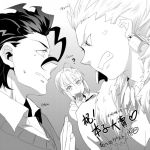  2boys ? ahoge anger_vein earrings eating fate/zero fate_(series) gilgamesh height jewelry lancer_(fate/zero) monochrome multiple_boys necklace saber sunday31 sweat 