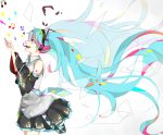  aqua_hair bad_id detached_sleeves floating_hair hatsune_miku headset hisame long_hair musical_note necktie open_mouth simple_background skirt solo twintails very_long_hair vocaloid white_background 
