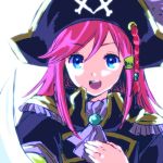  :d blue_eyes cravat epaulettes hair_ornament hairclip hand_on_own_chest hat hat_feather katou_marika long_hair looking_at_viewer miniskirt_pirates njigen_hairitai open_mouth pink_hair pirate pirate_hat smile solo 