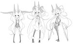  absurdres commentary detached_sleeves elbow_gloves eu03 fur_trim glasses gloves highres horns kneehighs long_hair mole monochrome multiple_girls original sketch thigh-highs thighhighs tsunoko very_long_hair 