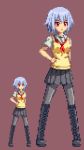  black_legwear blue_hair boots hand_on_hip hips kntc lowres pantyhose pixel_art red_eyes school_uniform serafuku short_hair skirt sweater_vest yarizui_sen 