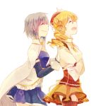  beret blonde_hair blue_hair cape closed_eyes drill_hair eyes_closed gloves hat lowres magical_girl mahou_shoujo_madoka_magica miki_sayaka mizuki_(flowerlanguage) multiple_girls short_hair tomoe_mami twin_drills 