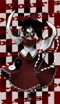  absurdres adapted_costume am24 black_hair bow checkered checkered_background detached_sleeves expressionless fingerless_gloves gloves gohei hair_bow hair_tubes hakurei_reimu highres japanese_clothes miko navel ofuda pale_skin red_eyes solo touhou white_skin wide_sleeves 