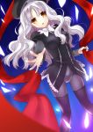  black_legwear blue_background caren_hortensia caren_ortensia dutch_angle fate/hollow_ataraxia fate_(series) frills gradient gradient_background hat holding kurot long_hair open_mouth outstretched_hand pantyhose puffy_sleeves raised_hand reaching red_scarf scarf silver_hair simple_background solo thigh-highs thighhighs wavy_hair yellow_eyes 