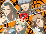  4boys all-out_attack blonde_hair blue_eyes brown_hair crossdressinging don_michael dress earrings grey_hair hanamura_yousuke highres jewelry kuma_(persona_4) makeup multiple_boys muscle narukami_yuu persona persona_4 scar tatsumi_kanji trap wig wink 