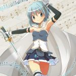 1girl arm_up armpits blue_eyes blue_hair cape gloves hair_ornament hairclip kyabechi mahou_shoujo_madoka_magica miki_sayaka musical_note outstretched_arms reverse_grip short_hair skirt smile solo strapless sword thighhighs weapon 