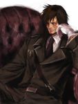  arisue_kanako brown_eyes brown_hair couch facial_hair final_fantasy final_fantasy_x formal gloves jecht long_hair male scar smile solo suit 