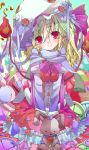  :&gt; alternate_costume animal_ears blonde_hair bow bunny bunny_ears buttons fire flandre_scarlet flower hat highres long_hair pointy_ears rabbit red_eyes red_rose rose scarf shunsuke smile solo stuffed_animal stuffed_toy the_embodiment_of_scarlet_devil touhou 