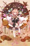  ahoge blue_eyes boots candy chocolate choker cookie doughnut food food_on_face heart ia_(vocaloid) juu. long_hair looking_at_viewer marshmallow mismatched_legwear open_mouth pink_hair pinky_out pocky single_thighhigh skirt solo thigh-highs thighhighs valentine very_long_hair vocaloid 