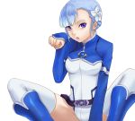  belt blue_hair bodysuit braid face fin_e_ld_si_laffinty flower french_braid hair_flower hair_ornament hands paw_pose purple_eyes rinne_no_lagrange short_hair sitting spread_legs thigh-highs thighhighs violet_eyes white_legwear 