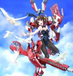  animal_ears bare_shoulders bird black_legwear bowtie breasts brown_eyes brown_hair bunny_ears bunnysuit cleavage cloud fake_animal_ears flying hair_ribbon highres mecha_musume open_mouth pantyhose ribbon short_hair sky solo suzumiya_haruhi suzumiya_haruhi_no_yuuutsu wrist_cuffs yone 