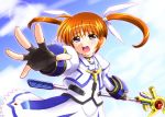  blue_eyes brown_hair diesel-turbo fingerless_gloves gloves long_hair lyrical_nanoha mahou_shoujo_lyrical_nanoha mahou_shoujo_lyrical_nanoha_the_movie_1st raising_heart ribbon solo takamachi_nanoha tears twintails 