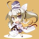  ahoge fang grey_eyes grey_hair hat japanese_clothes mononobe_no_futo open_mouth outstretched_arms ponytail shirogane shirogane_(platinum) simple_background skirt smile solo tate_eboshi touhou wide_sleeves 