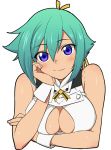  aquarion_(series) aquarion_evol breasts cleavage cleavage_cutout green_hair purple_eyes simple_background smile solo tokita_arumi violet_eyes white_background zessica_wong 