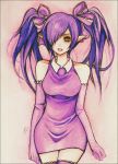  bow dress gloves original pigtails pointy_ears purple purple_hair smirk thigh_highs wide_hips yellow_eyes 
