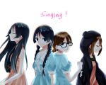 2girls akiyama_mio black_hair dual_persona hirasawa_yui k-on! k-on!_movie long_hair moroino multiple_girls singing singing! 