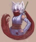  alternate_costume animal_ears bukimi_isan bust detached_sleeves fishnets hand_on_head highres inubashiri_momiji japanese_clothes leaf maple_leaf ninja no_hat no_headwear obi red_eyes scarf short_hair silver_hair simple_background solo sword touhou weapon wolf_ears 