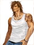  alternate_costume arisue_kanako brown_eyes brown_hair facial_hair final_fantasy final_fantasy_x hand_on_hip hand_on_hips jeans jecht long_hair looking_at_viewer male messy_hair muscle scar smirk solo tattoo white_background wife_beater 