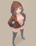  breasts brown_hair grey_eyes grin hands_on_hips hoodie naked_hoodie no_bra no_shoes original parka smile solo thigh-highs thighhighs weno 