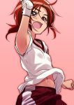  arm_up armpits hikage_eiji hino_akane midriff navel open_mouth pink_background precure red_eyes red_hair redhead short_hair smile_precure! solo 