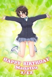  1girl brown_eyes brown_hair eunos female glasses half_rim_glasses happy_birthday ikari_manatsu jumping k-on! manabe_nodoka outstretched_arms red-framed_glasses school_uniform semi-rimless_glasses shoes short_hair skirt smile solo spread_arms under-rim_glasses uwabaki 