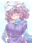  blue_eyes bottomless breast_hold breast_suppress breasts bust curly_hair hat head_tilt highres hips jewelry large_breasts lavender_hair letty_whiterock naked_sweater necklace nyagakiya polearm purple_eyes purple_hair ribbed_sweater scarf short_hair sky smile snowflakes solo sweater touhou trident weapon 