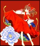  bow clothes_grab flower hair_bow hakurei_reimu highres kikusui310 long_skirt red_background skirt skirt_lift solo touhou 