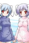  akou_roushi animal_ears blue_hair blush bottomless breasts bunny_ears hand_holding holding_hands interlocked_fingers looking_at_viewer multiple_girls naked_sweater no_pants purple_hair red_eyes reisen ribbed_sweater short_hair smile sweater touhou turtleneck turtleneck_sweater 