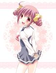  ahoge arms_behind_back bow hair_ribbon hoshizora_miyuki komiru looking_back pink_eyes pink_hair precure ribbon school_uniform short_hair short_twintails smile smile_precure! solo twintails white_background 